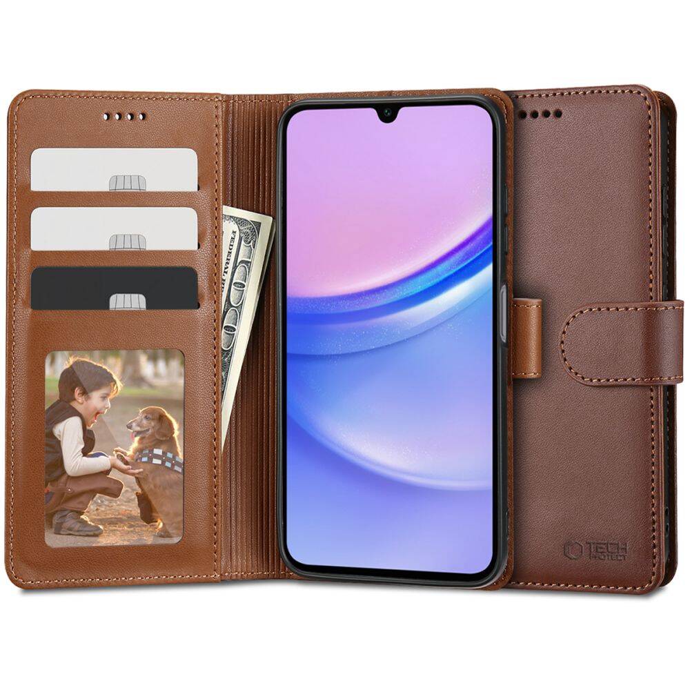 Etui Tech-Protect Wallet Samsung Galaxy A15 4g / 5g Brown Case - widok z przodu