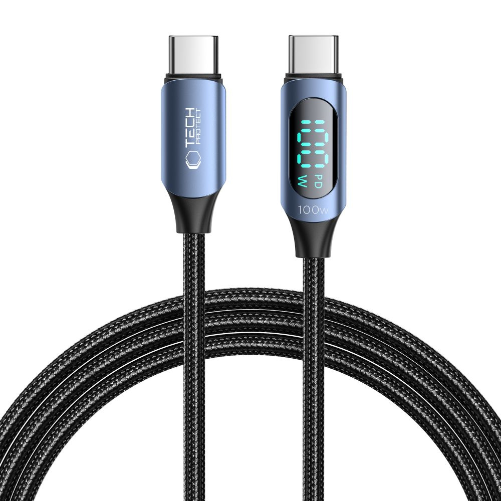 Niebieski kabel USB-C marki Tech-Protect z wyświetlaczem LED