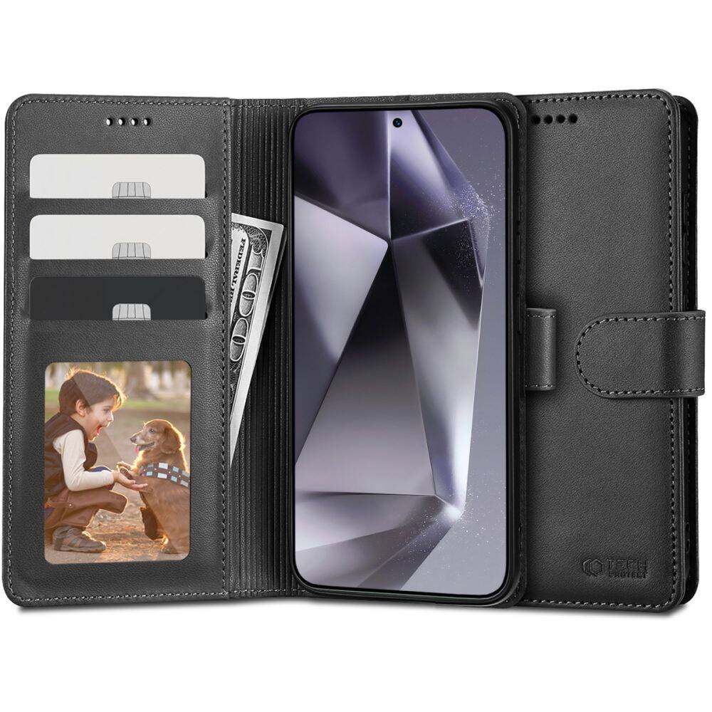 Luksusowy i funkcjonalny czarny portfel-etui Tech-Protect Wallet dla Samsung Galaxy S24 Plus zamknięte