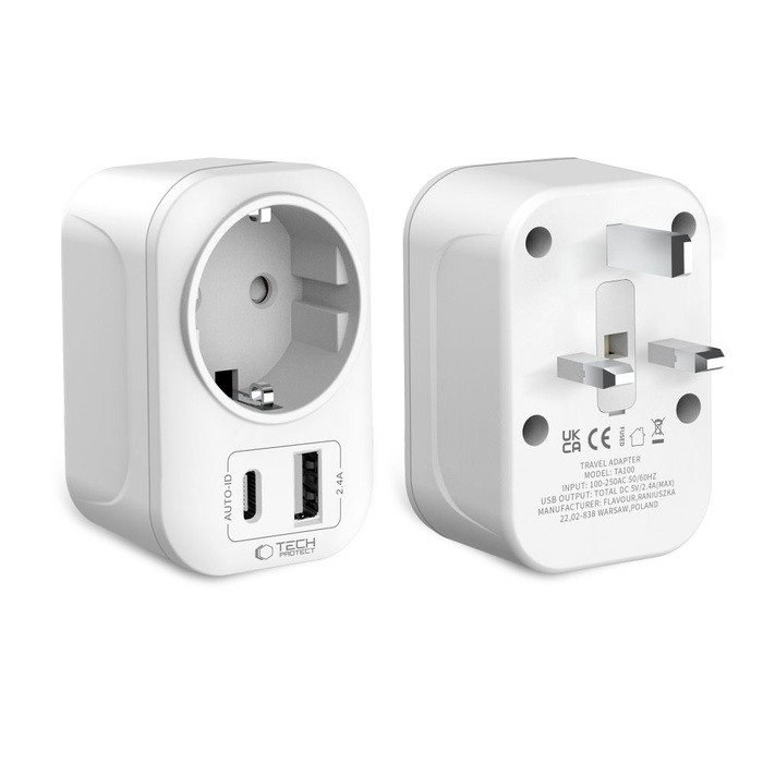 TECH-PROTECT TA100 TRAVEL ADAPTER UK TO EU WHITE