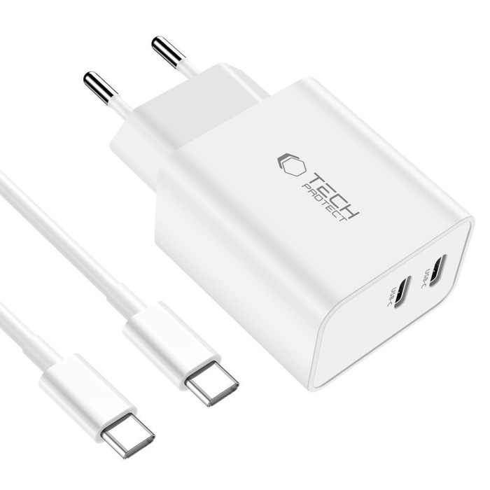 Ładowarka sieciowa 2-port C35w Tech-protect Pd35w + kabel USB-C biały
