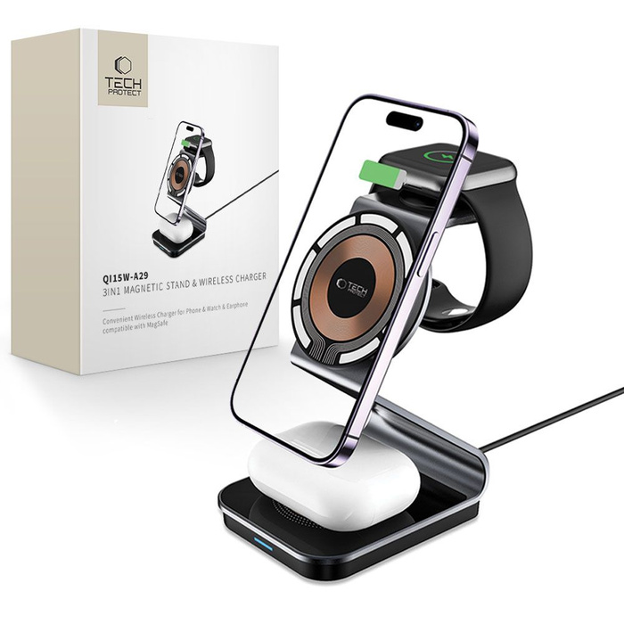 Ładowarka Qi15w-a29 Tech-protect 3in1 Magnetic Magsafe Wireless Charger Czarna