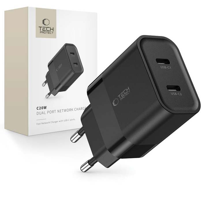 Ładowarka C20W Tech-Protect 2-Port Network Charger PD20W czarna