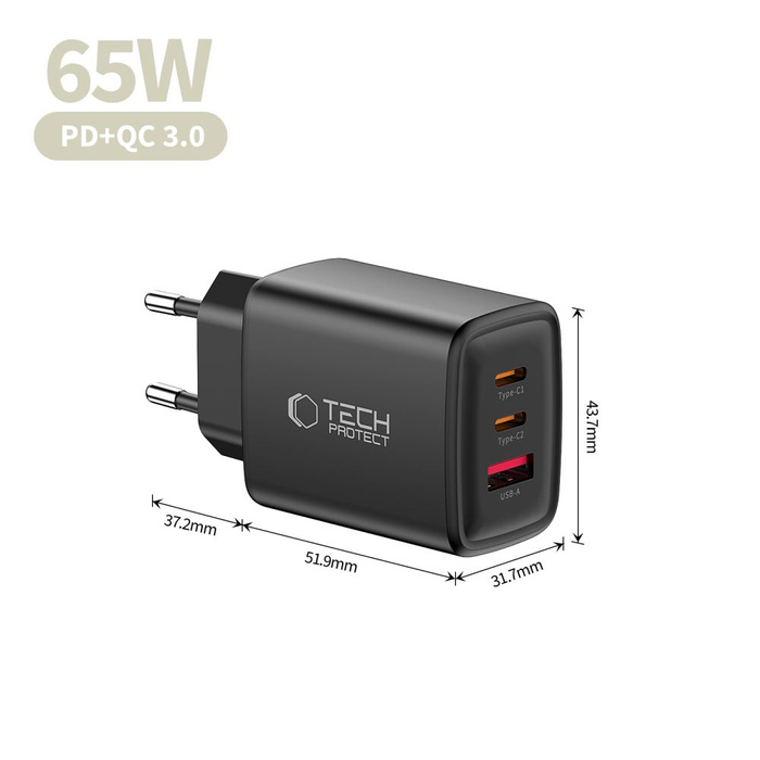 TECH-PROTECT NCA65W-GAN 3-PORT NETWORK CHARGER PD 65W / QC3.0 BLACK