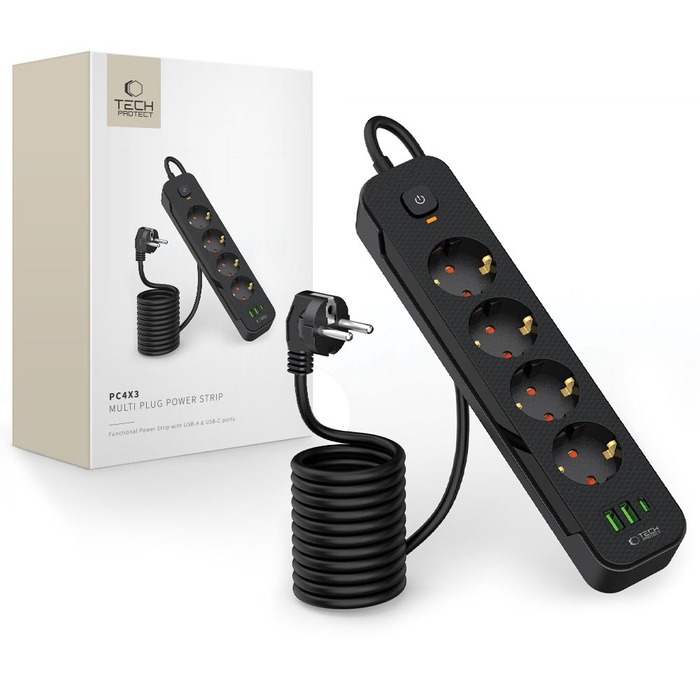 TECH-PROTECT PCL4X3 POWER SOCKET LONG 2 USB & 1 TYPE-C & 4 SOCKET 200CM BLACK