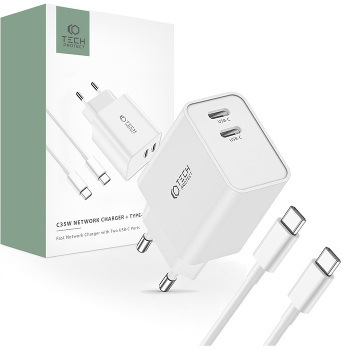 Ładowarka sieciowa 2-port C35w Tech-protect Pd35w + kabel USB-C biały