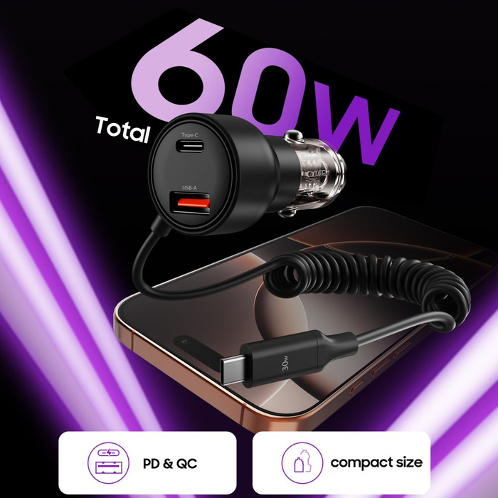 TECH-PROTECT CC05 2-PORT CAR CHARGER PD60W + CABLE BLACK
