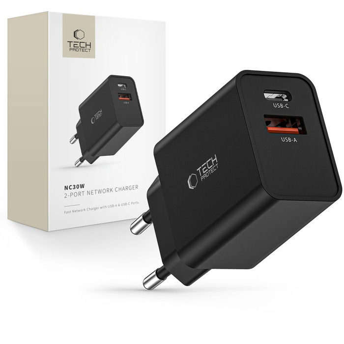 Ładowarka NC30W Tech-Protect 2-Port Network Charger PD30W/QC3.0 Czarny