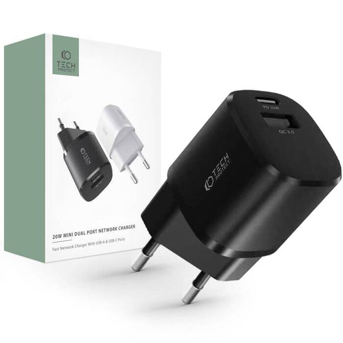 Ładowarka C20W MINI TECH-PROTECT 2-PORT NETWORK CHARGER PD20W/QC3.0 czarny