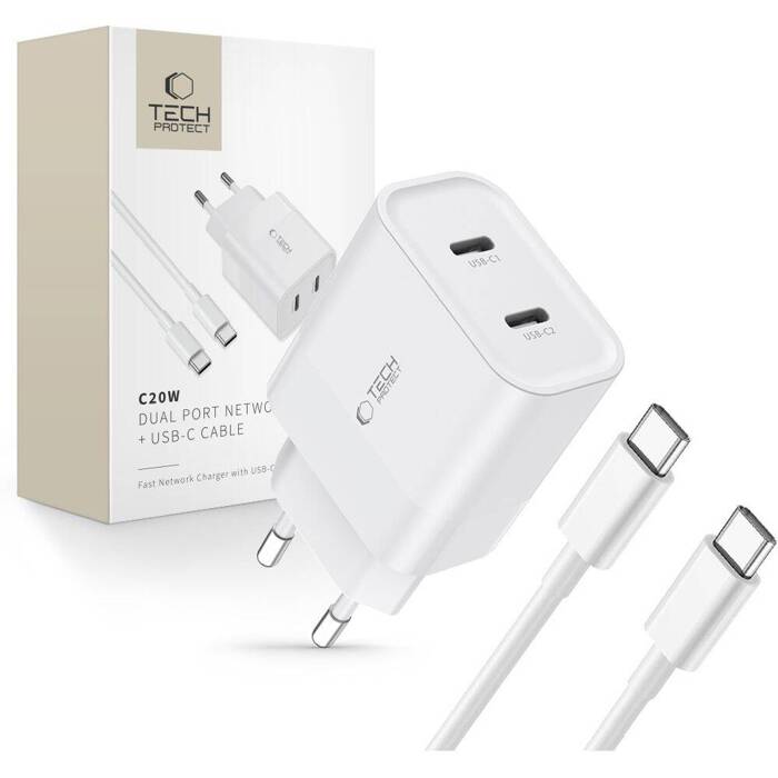 Ładowarka C20W Tech-Protect 2-Port Network Charger PD20W + USB-C Cable biały