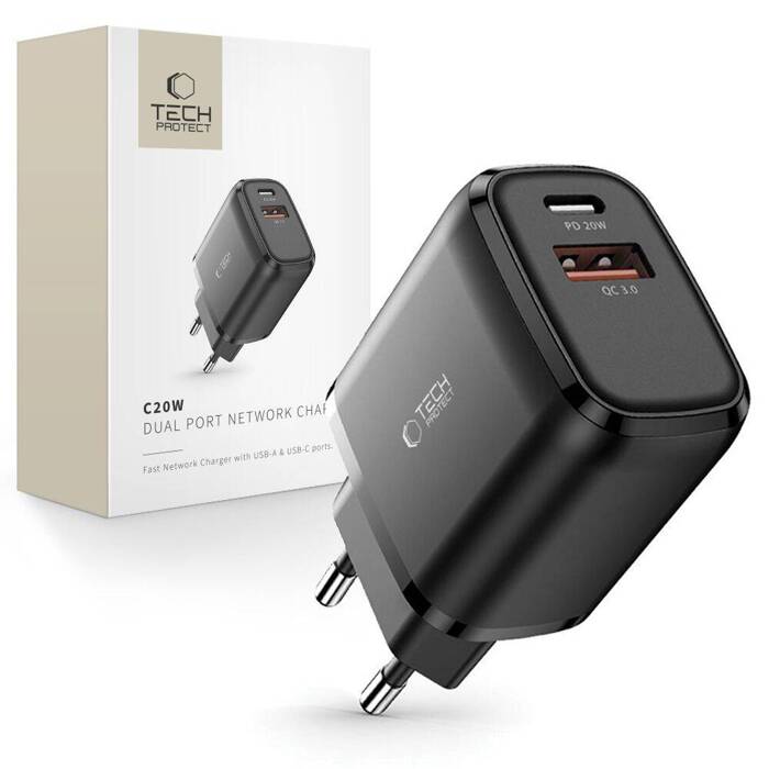 Ładowarka C20W Tech-Protect PD20W/QC3.0 2-Port Network Charger czarny