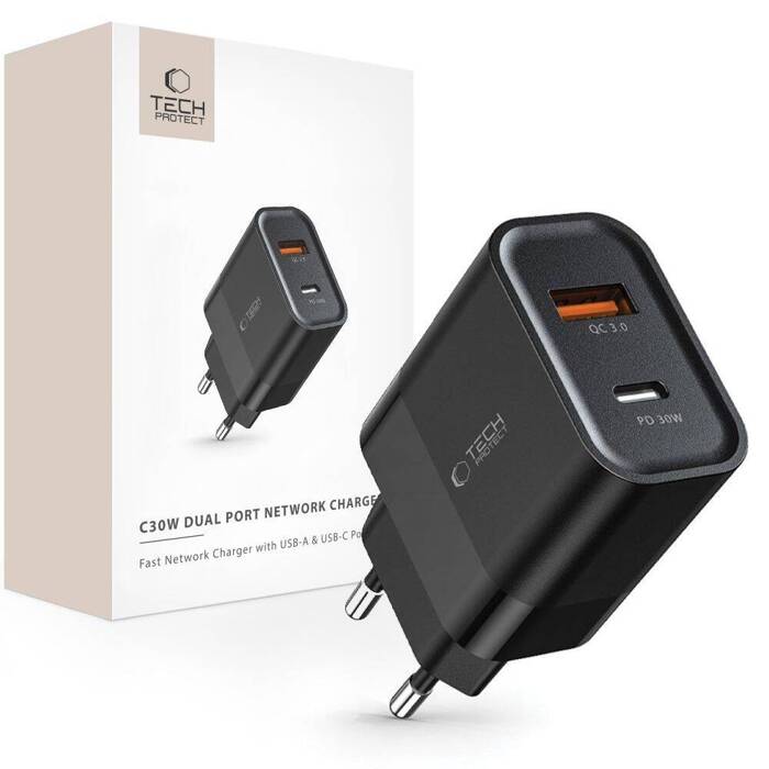 Ładowarka C30W Tech-Protect 2-Port Network Charger PD30W/QC3.0 Czarna