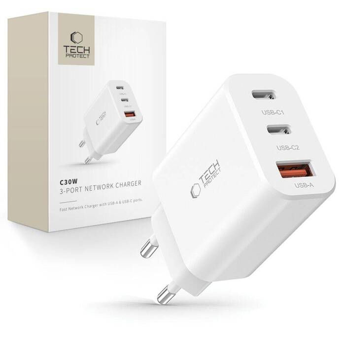 Ładowarka C30W Tech-Protect 3-Port Network Charger PD30W/QC3.0 biały