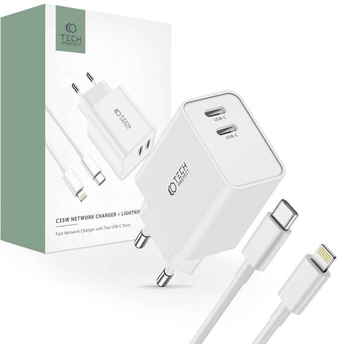 Network Charger Tech-protect C35w Pd35w 2-port + Lightning Cable biały